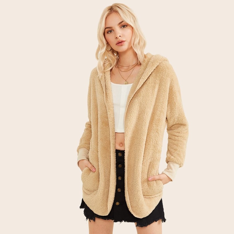 

Dual Pocket Front Open Front Teddy Hooded Coat, Khaki