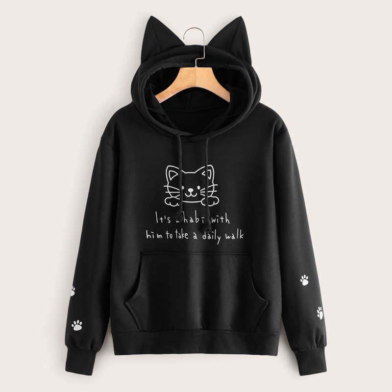 

Cat & Slogan Graphic Kangaroo Pocket Hoodie, Black