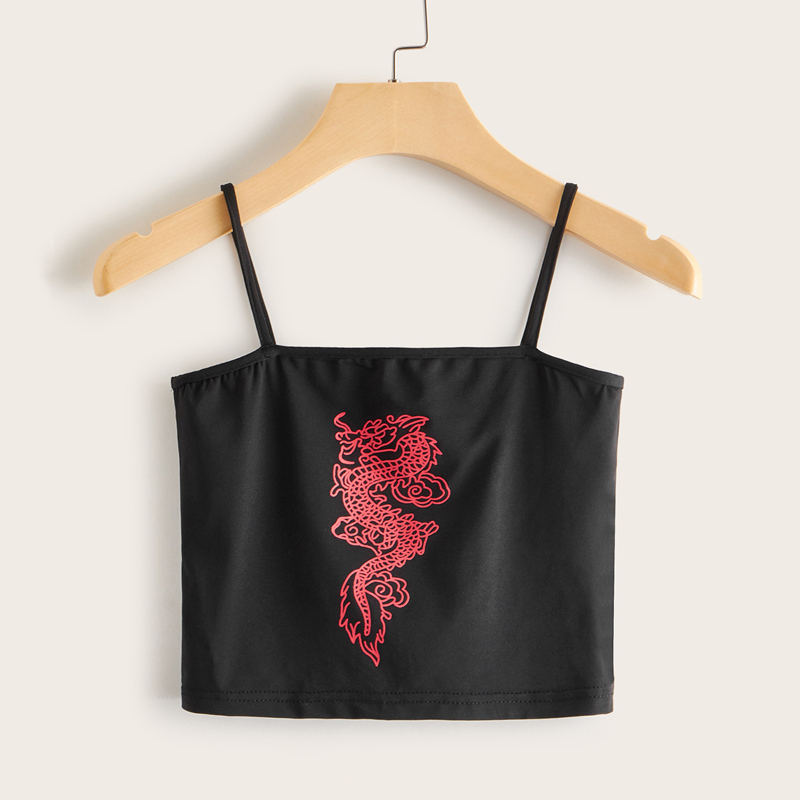 

Dragon Graphic Cropped Cami Top, Black