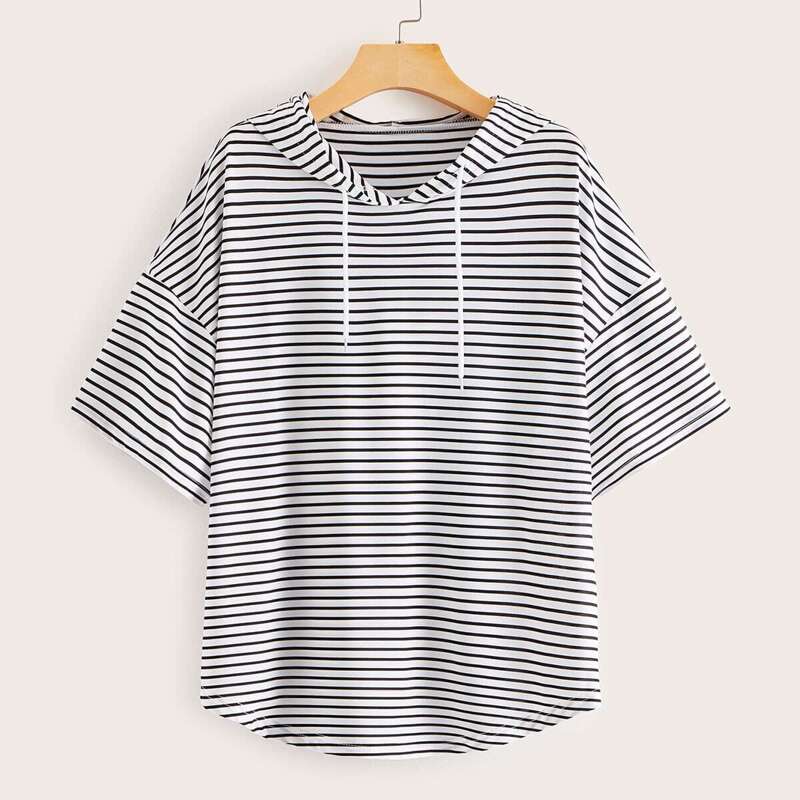 

Striped Curved Hem Drawstring Hooded Sweatshirt, Black and white