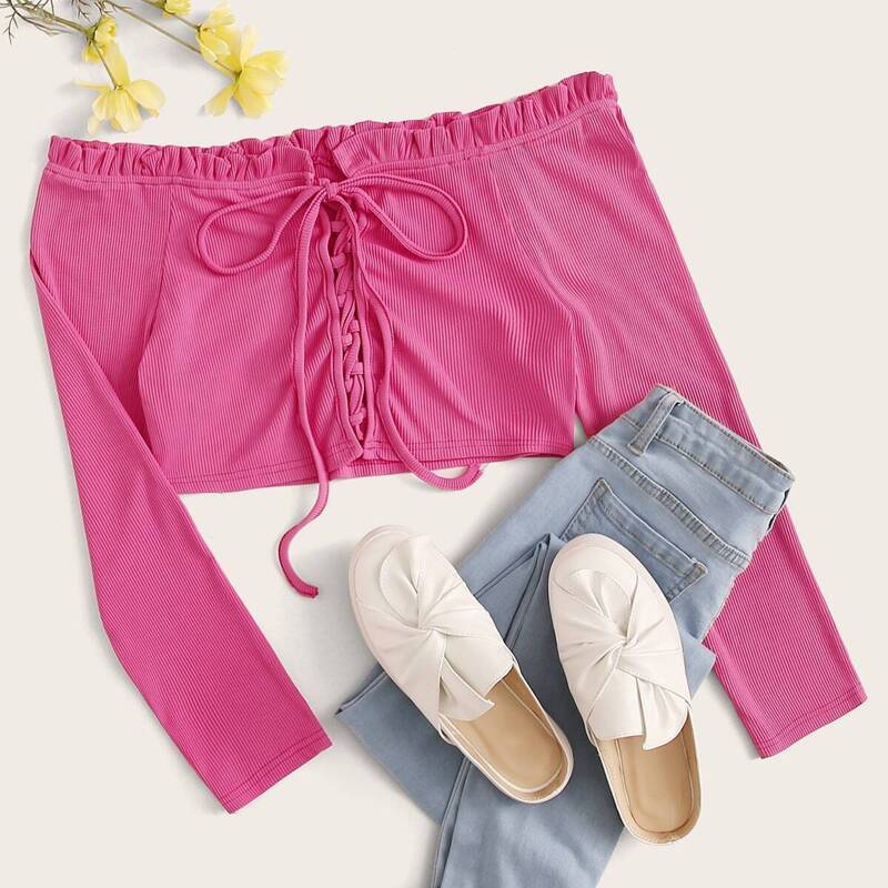 

Lace Up Off-Shoulder Frill Trim Top, Pink
