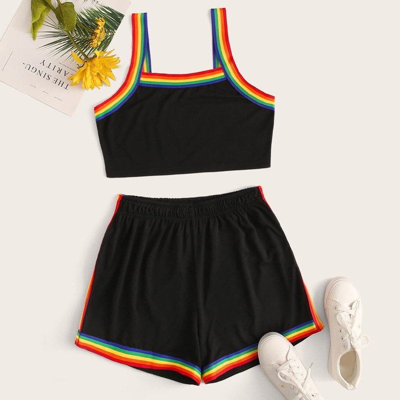 

Rainbow Stripe Trim Tank With Shorts Set, Black