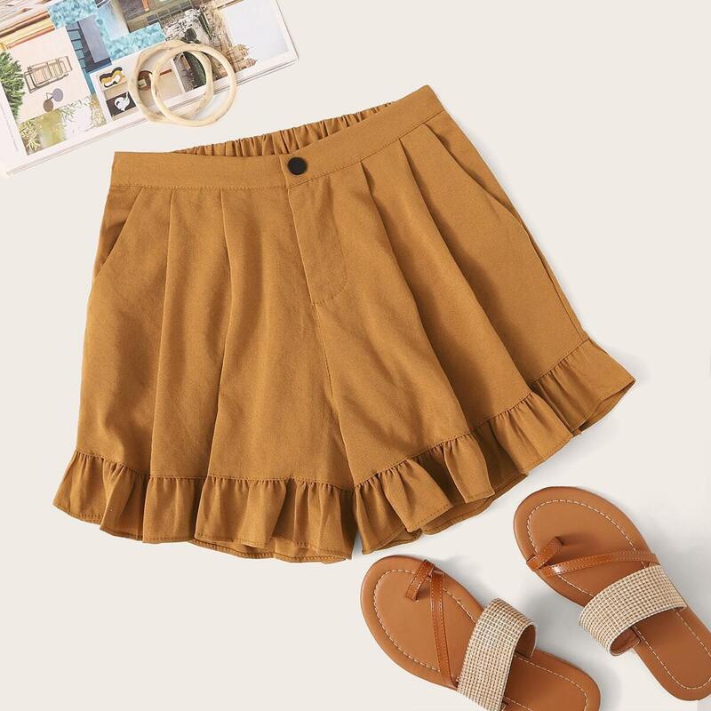 

Ruffle Hem Pleated Solid Shorts, Brown