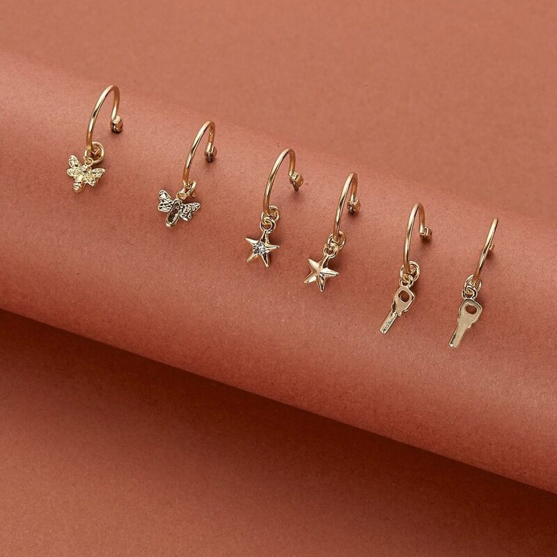 

Star & Dragonfly & Key Mini Earrings 3pairs, Gold