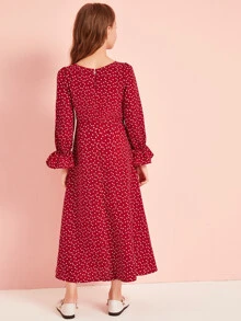 SHEIN Tween Girl Heart Print Flounce Sleeve Dress - Burgundy - View 2