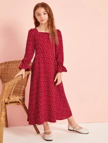 SHEIN Tween Girl Heart Print Flounce Sleeve Dress - Burgundy - View 4