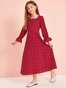 SHEIN Tween Girl Heart Print Flounce Sleeve Dress - Burgundy - View 3