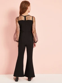 SHEIN Tween Girl Mesh Yoke Flare Leg Jumpsuit - Black - View 2