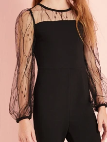 SHEIN Tween Girl Mesh Yoke Flare Leg Jumpsuit - Black - View 3