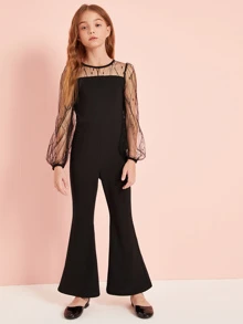SHEIN Tween Girl Mesh Yoke Flare Leg Jumpsuit - Black - View 4