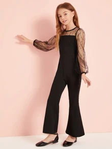 SHEIN Tween Girl Mesh Yoke Flare Leg Jumpsuit - Black - View 5