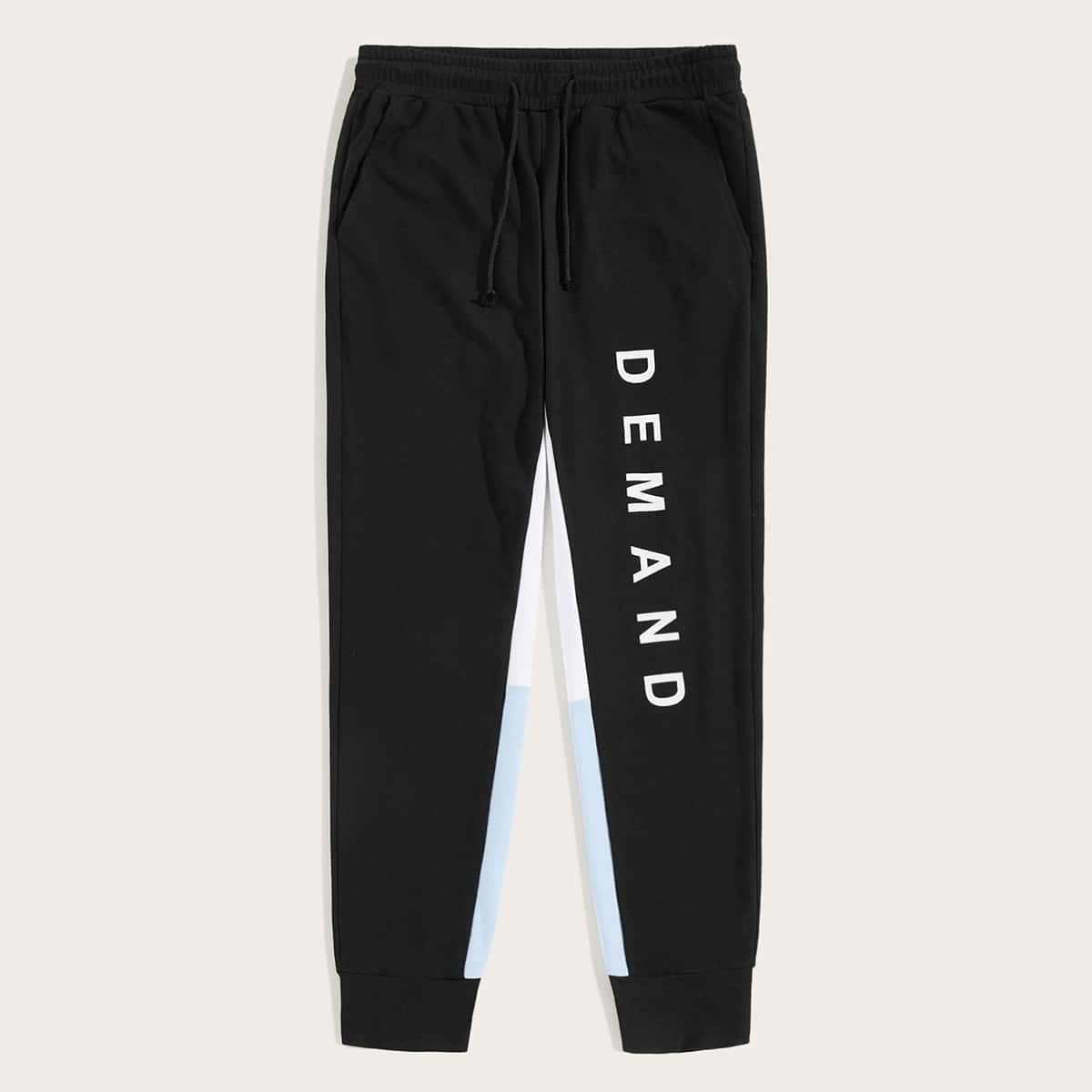 

Guys Drawstring Waist Contrast Sideseam Letter Sweatpants, Black
