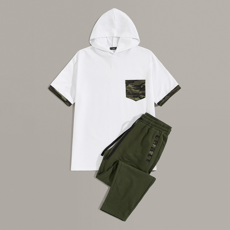 

Guys Camo Print Pocket Patched Hoodie and Sweatpants Set, Multicolor