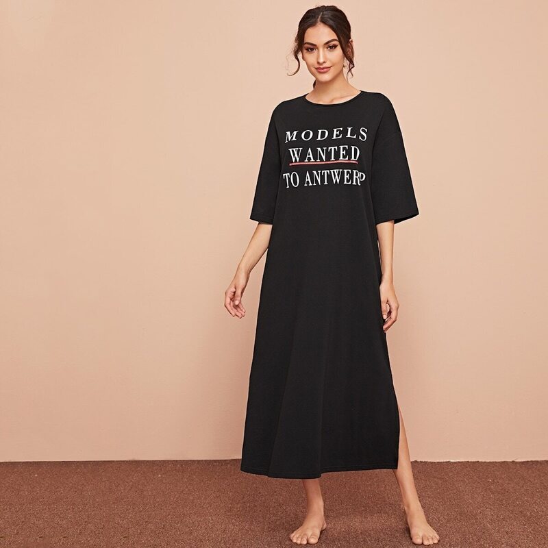 

Slogan Graphic Split Side Nightdress, Black