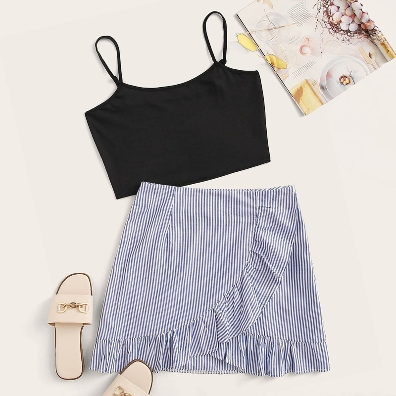 

Solid Cami Top & Ruffle Hem Stripe Skirt, Multicolor