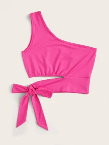 ROMWE Top con cordón lateral con un hombro rosado neón - Rosa Fucsia - Ver 3