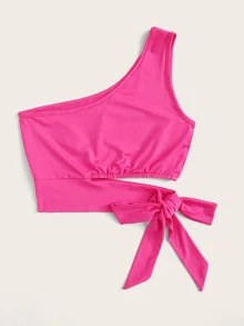 ROMWE Top con cordón lateral con un hombro rosado neón - Rosa Fucsia - Ver 2