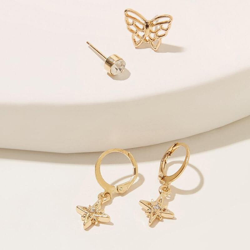 

Hollow Butterfly Design Mixed Earrings Set 4pcs, Gold