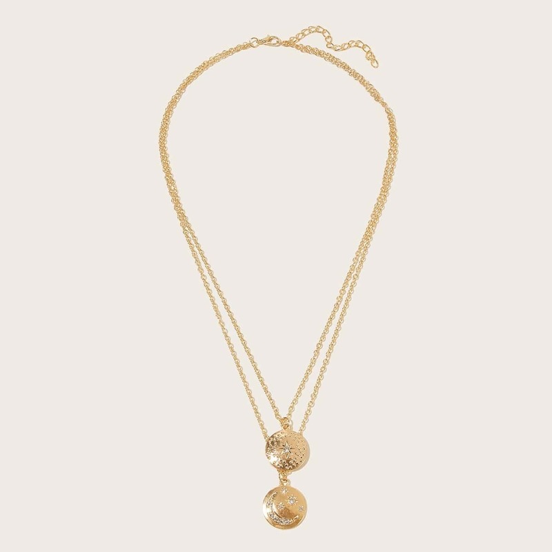 

Moon & Star Engraved Coin Layered Necklace 1pc, Gold