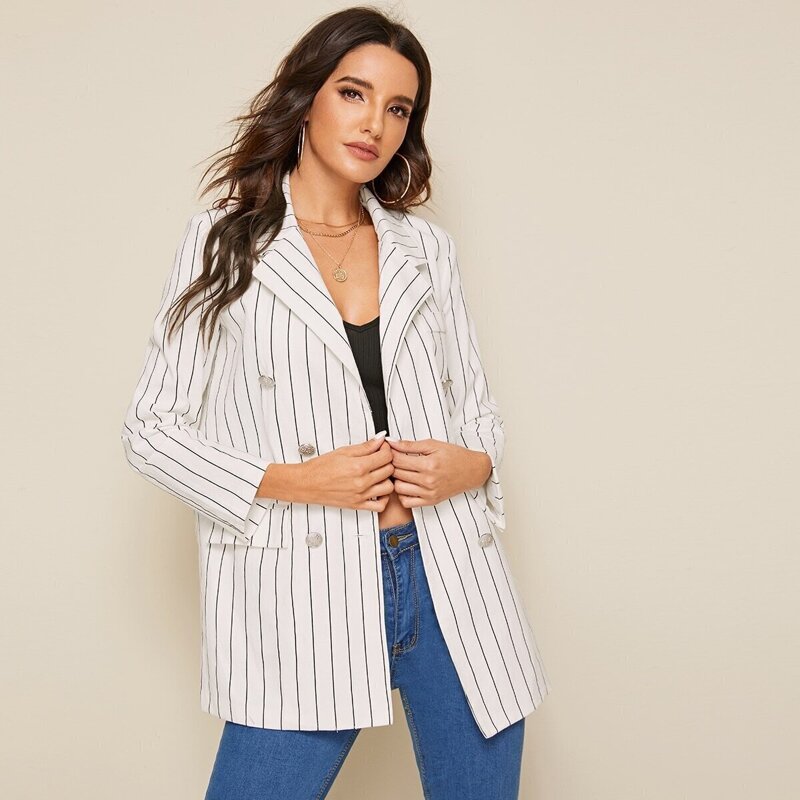 

Striped Flap Pocket Double Breasted Blazer, White