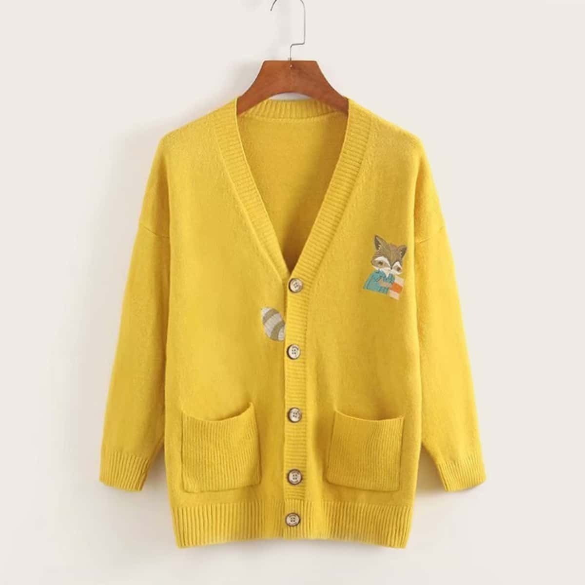 

Button Front Cat Embroidery Pocket Cardigan, Yellow