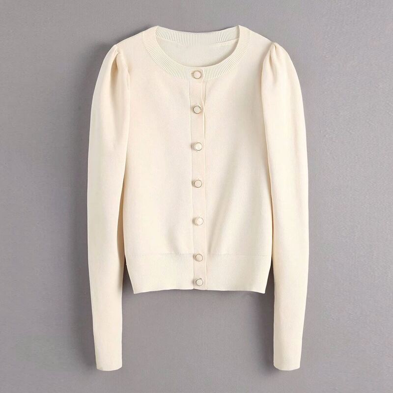

Solid Round Neck Button Front Cardigan, Beige