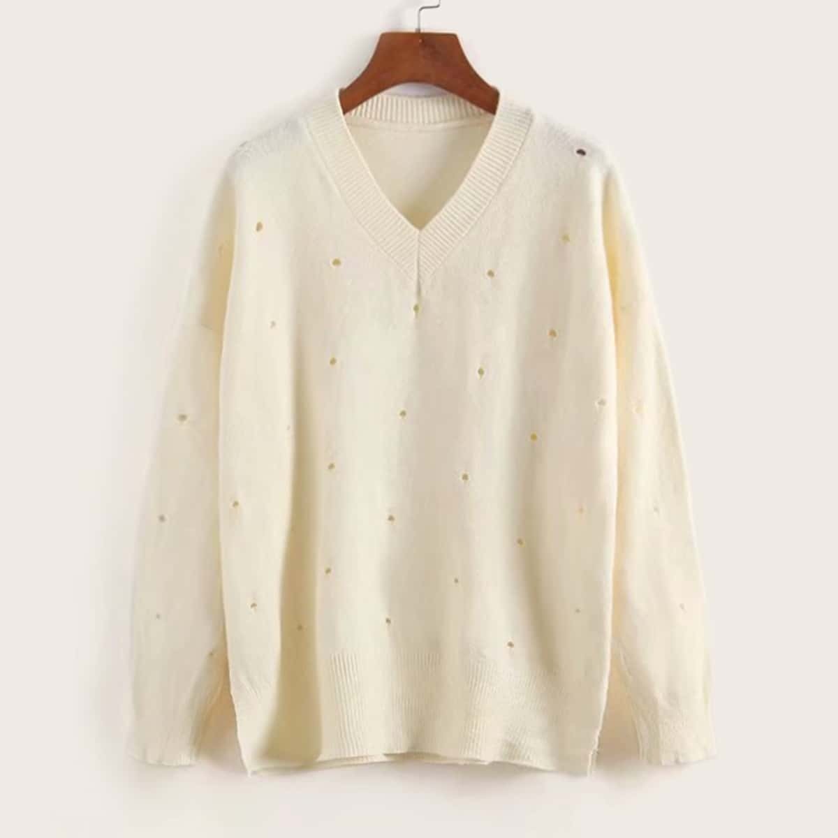 

Solid V Neck Ripped Sweater, White