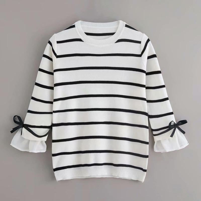 

Striped Tie Detail Flounce Sleeve Sweater, White