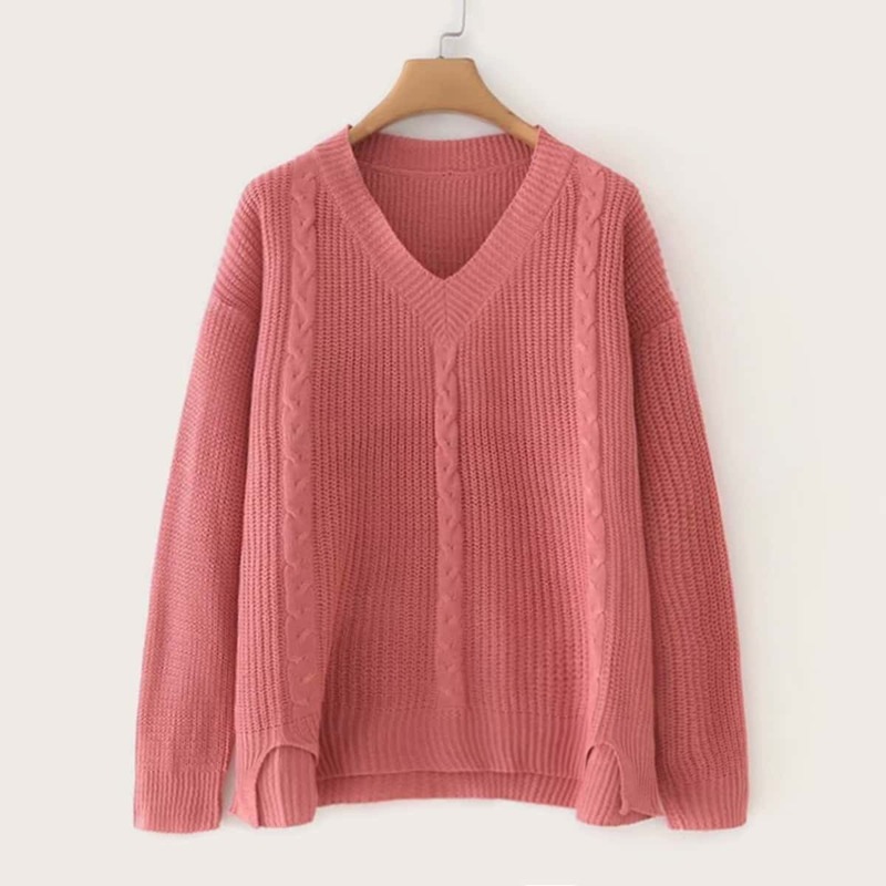 

V Neck Slit Hem Knit Sweater, Pink