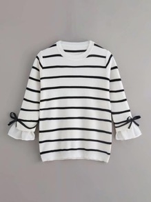 Striped Tie Detail Flounce Sleeve Sweater