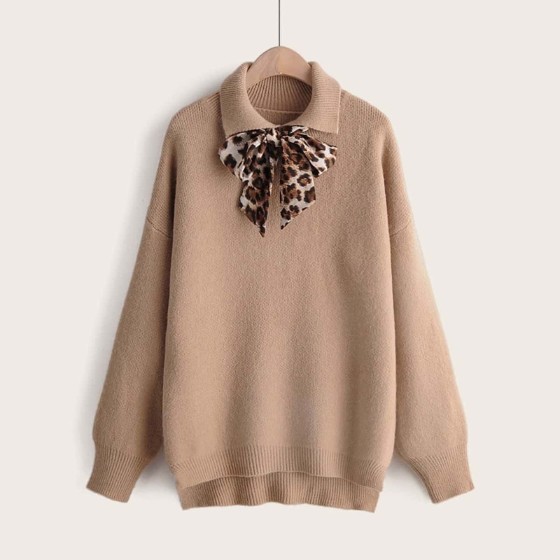Leopard Tie Front High Low Hem Sweater, Khaki