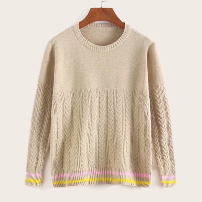 

Round Neck Rib-knit Striped Hem Sweater, Khaki