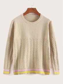 Round Neck Rib-knit Striped Hem Sweater