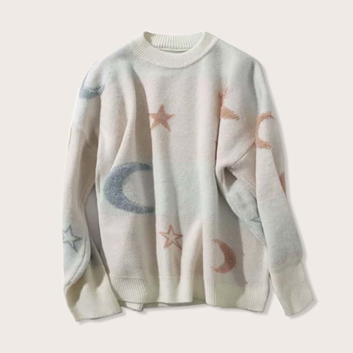 

Drop Shoulder Moon & Star Pattern Sweater, Multicolor