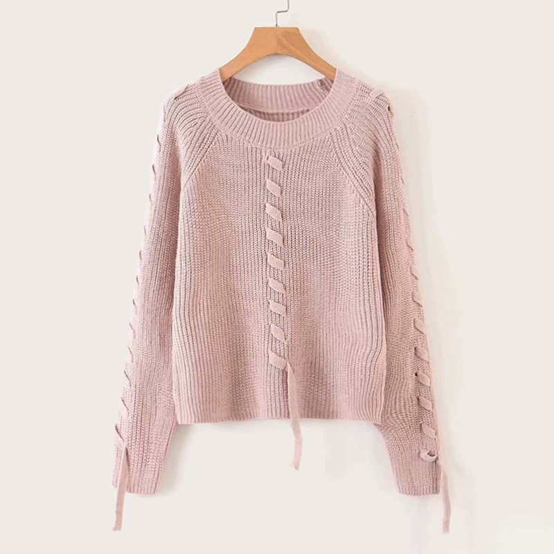 

Solid Tape Inset Rib-knit Sweater, Pink
