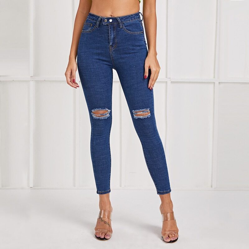 

Dark Wash Raw Hem Rippped Skinny Jeans, Blue