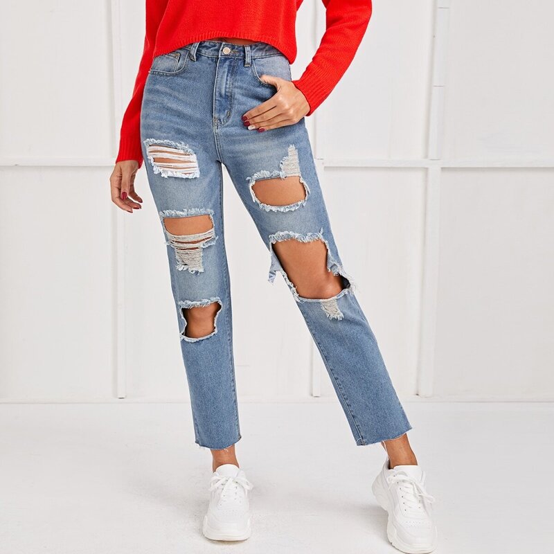 

Raw Hem Ripped Cut-out Jeans, Blue