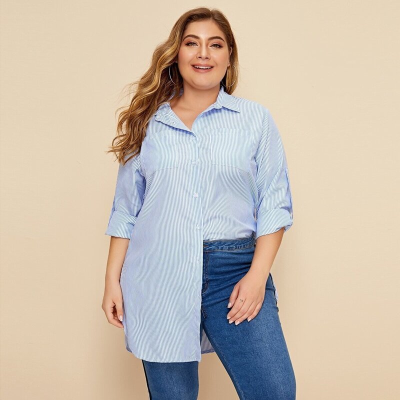 

Plus Striped Pocket Patched Blouse, Blue