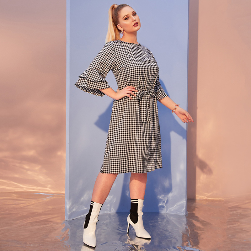 

Plus Gingham Layered Sleeve Belted Dress, Black and white