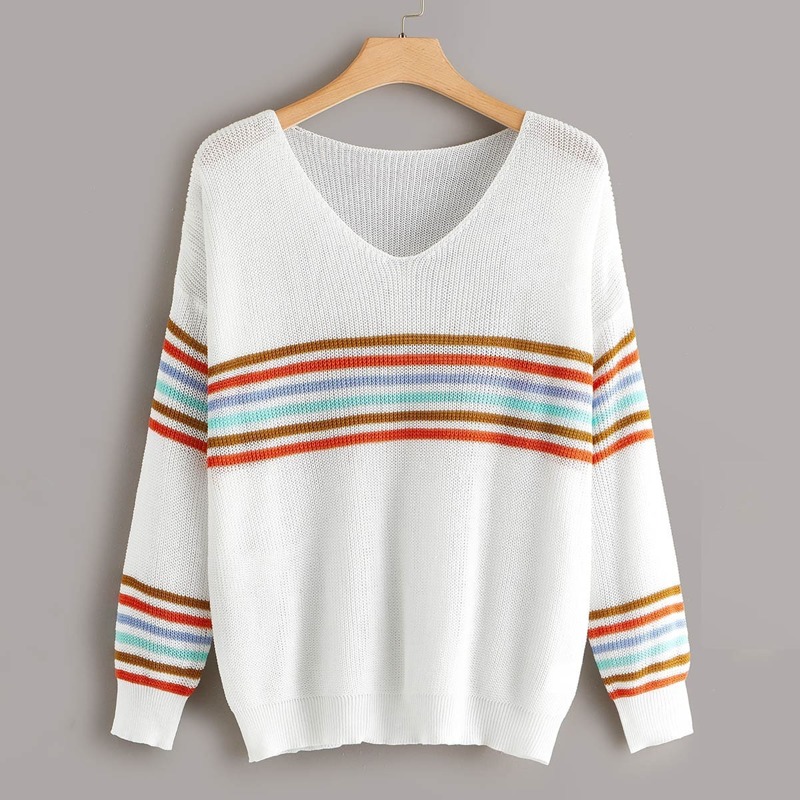 

Plus Colorful Stripe V Neck Sweater, White