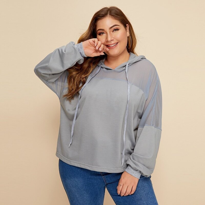 

Plus Mesh Insert Hooded Sweatshirt, Grey