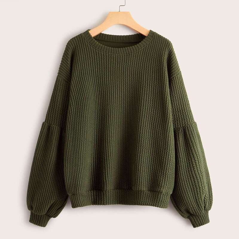 

Solid Drop Shoulder Bishop Sleeve Sweater, Army green