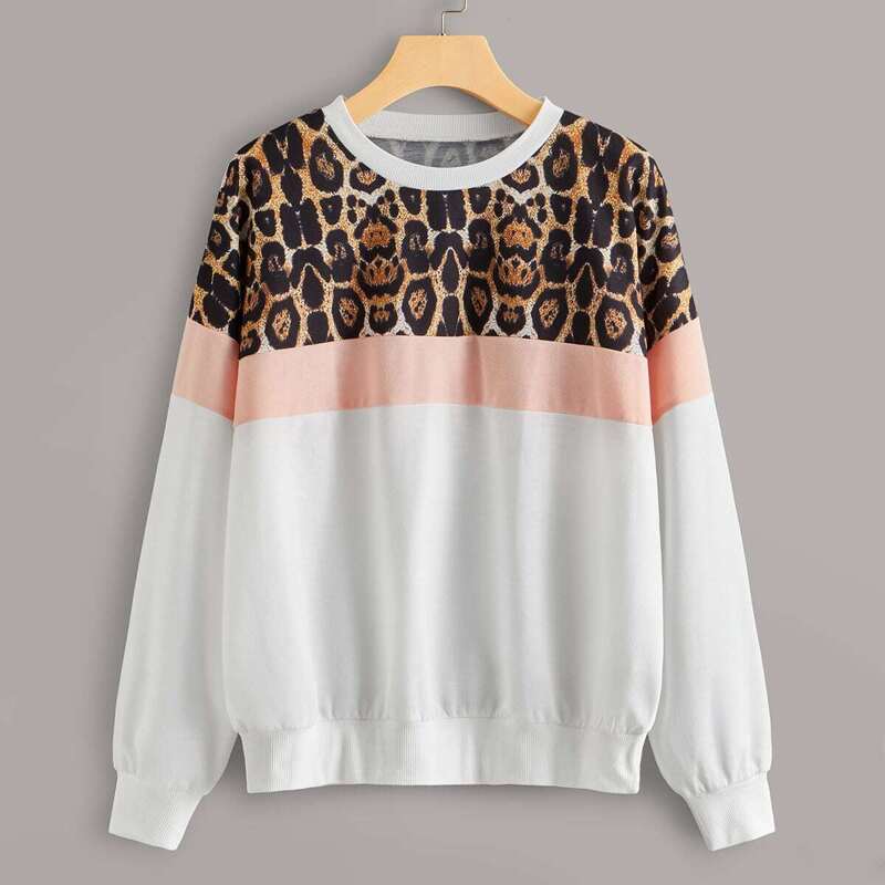 

Contrast Leopard Long Sleeve Sweatshirt, Multicolor