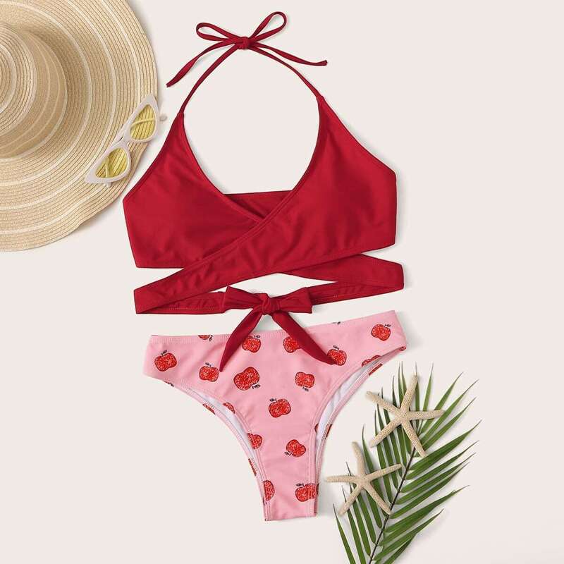 

Wrap Halter Top With Random Apple Print Bikini, Red