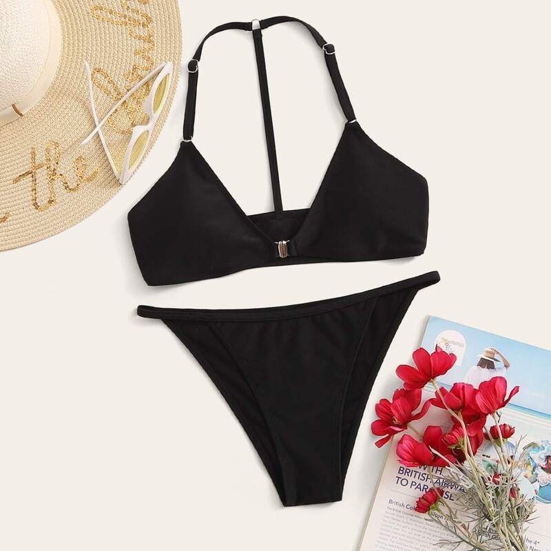 

Halter Top With Tanga Bikini Set, Black