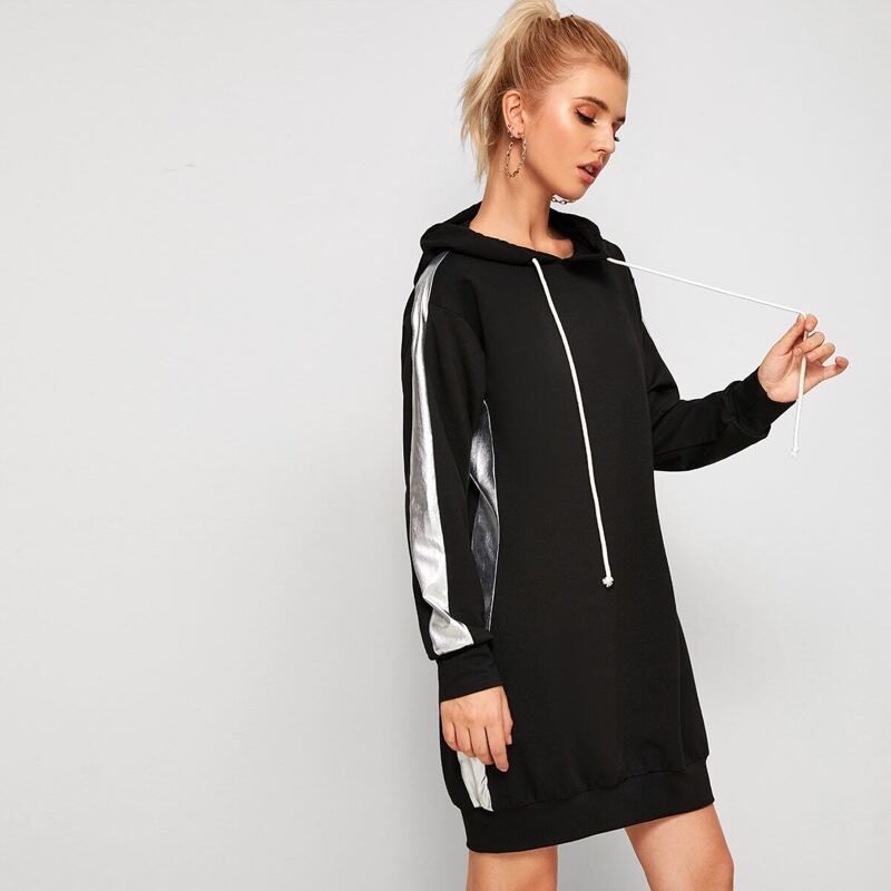 

Contrast Panel Side Drawstring Hooded Sweatshirt Dress, Black