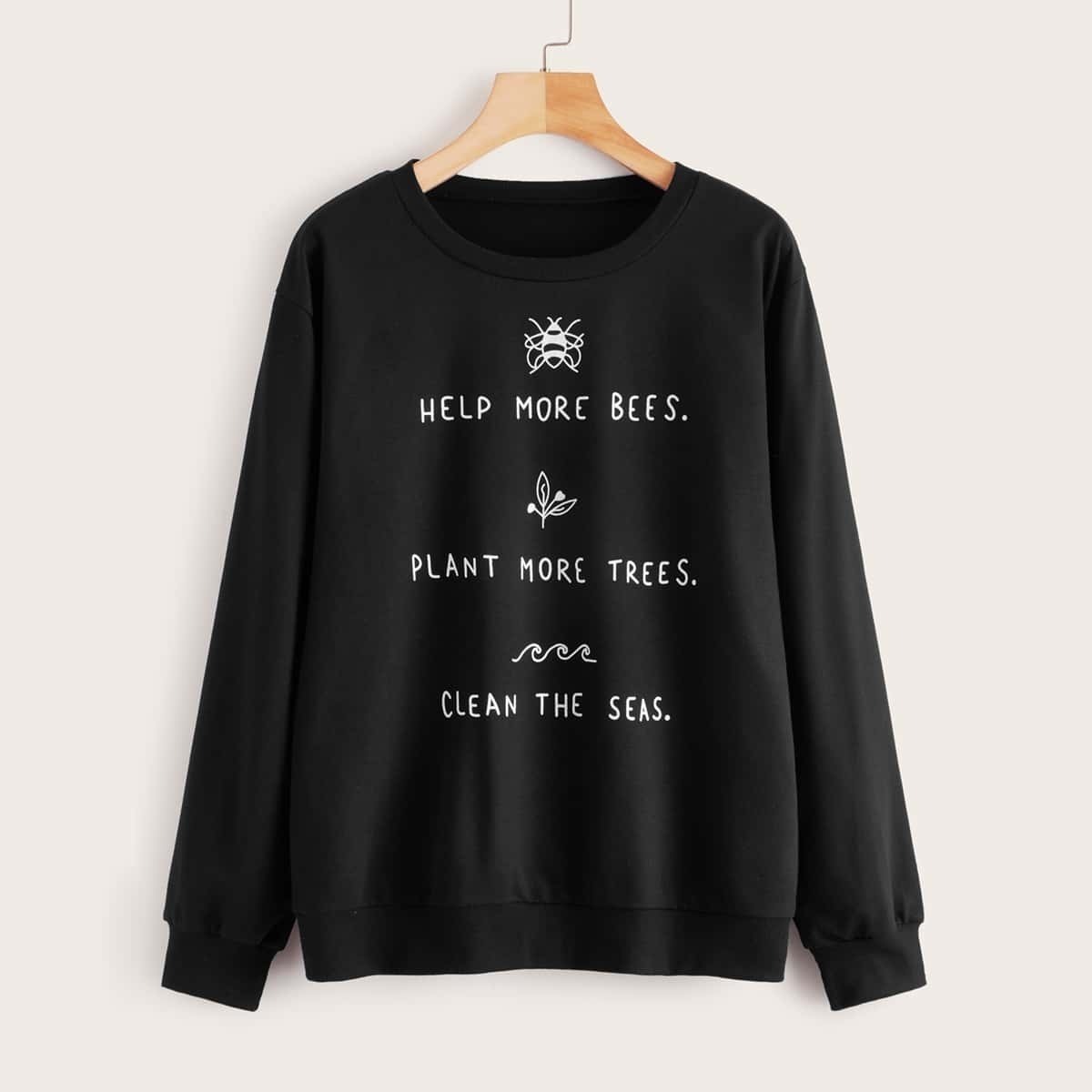 

Slogan & Cartoon Graphic Drop Shoulder Sweatshirt, Black