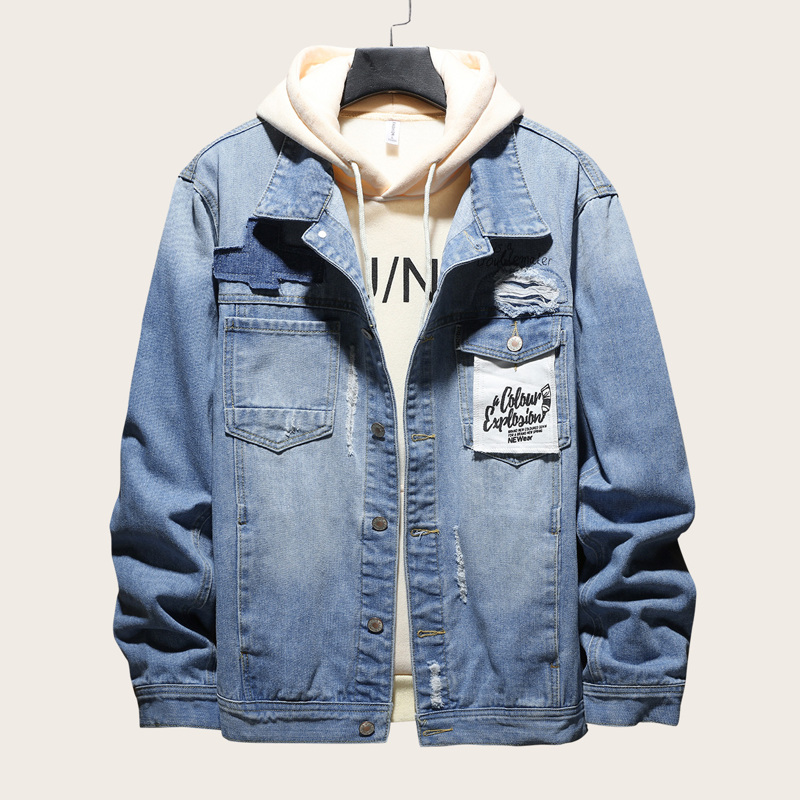 

Guys Letter Patched Ripped Denim Jacket, Blue