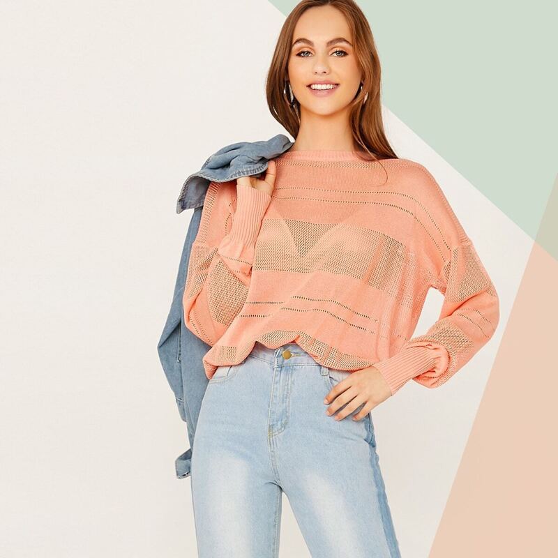 

Drop Shoulder Loose Knit Top, Orange pastel