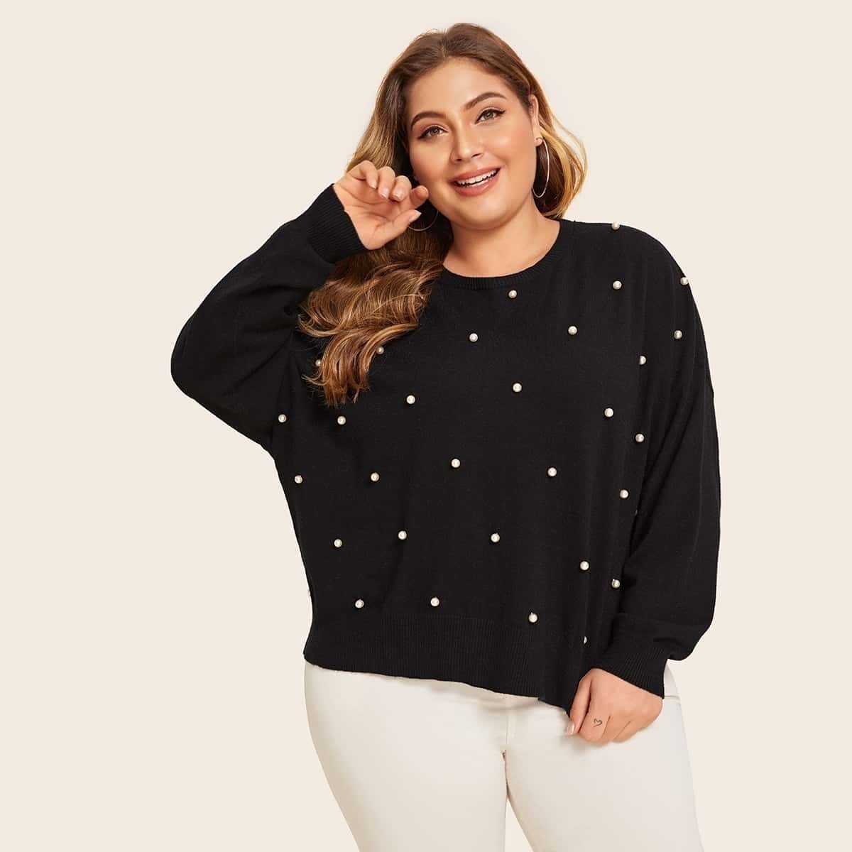 

Plus Drop Shoulder Pearls Beaded Knit Top, Black